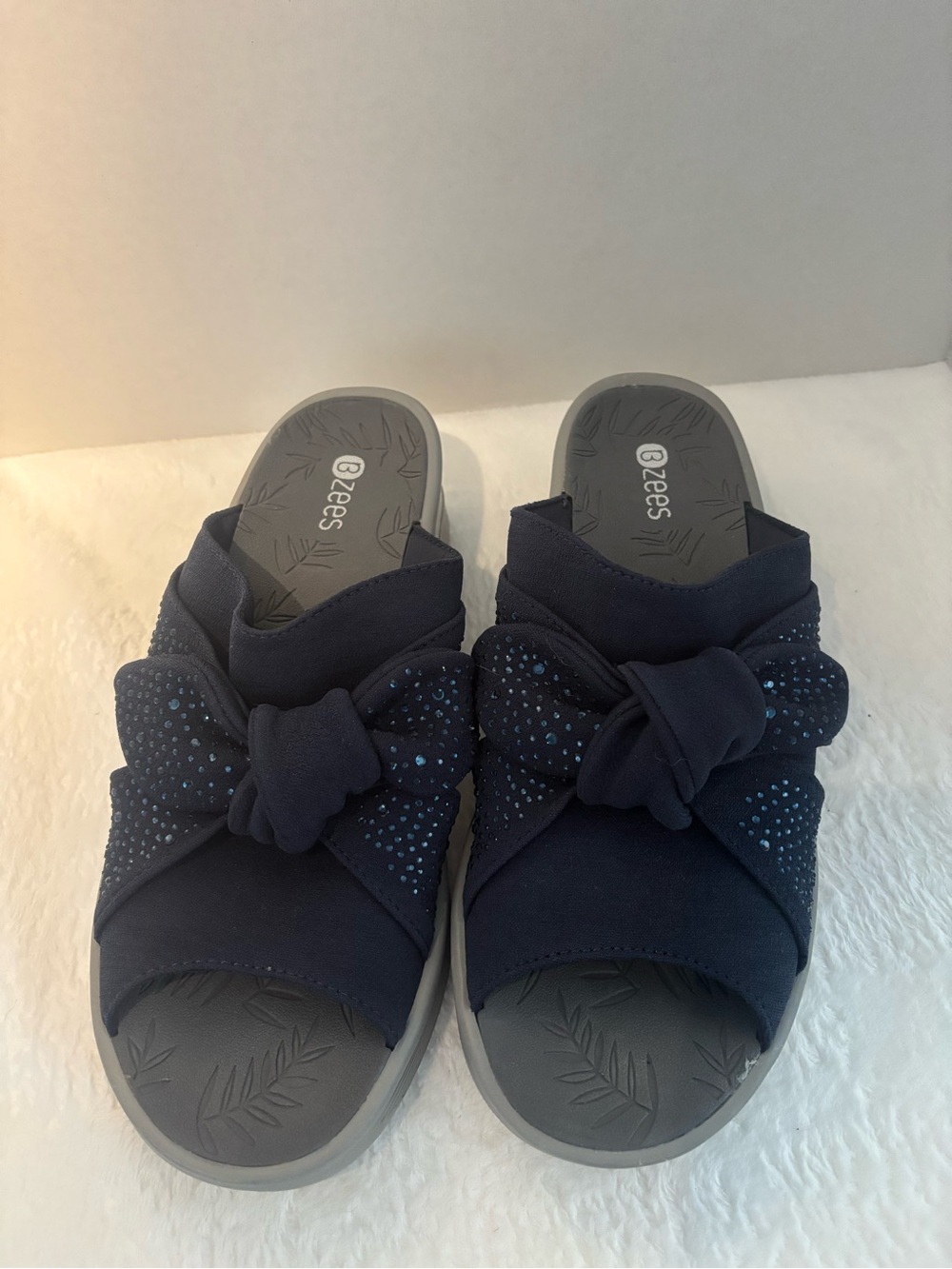 Bzees Navy Slide Sandals with Knotted Bow and Sparkle